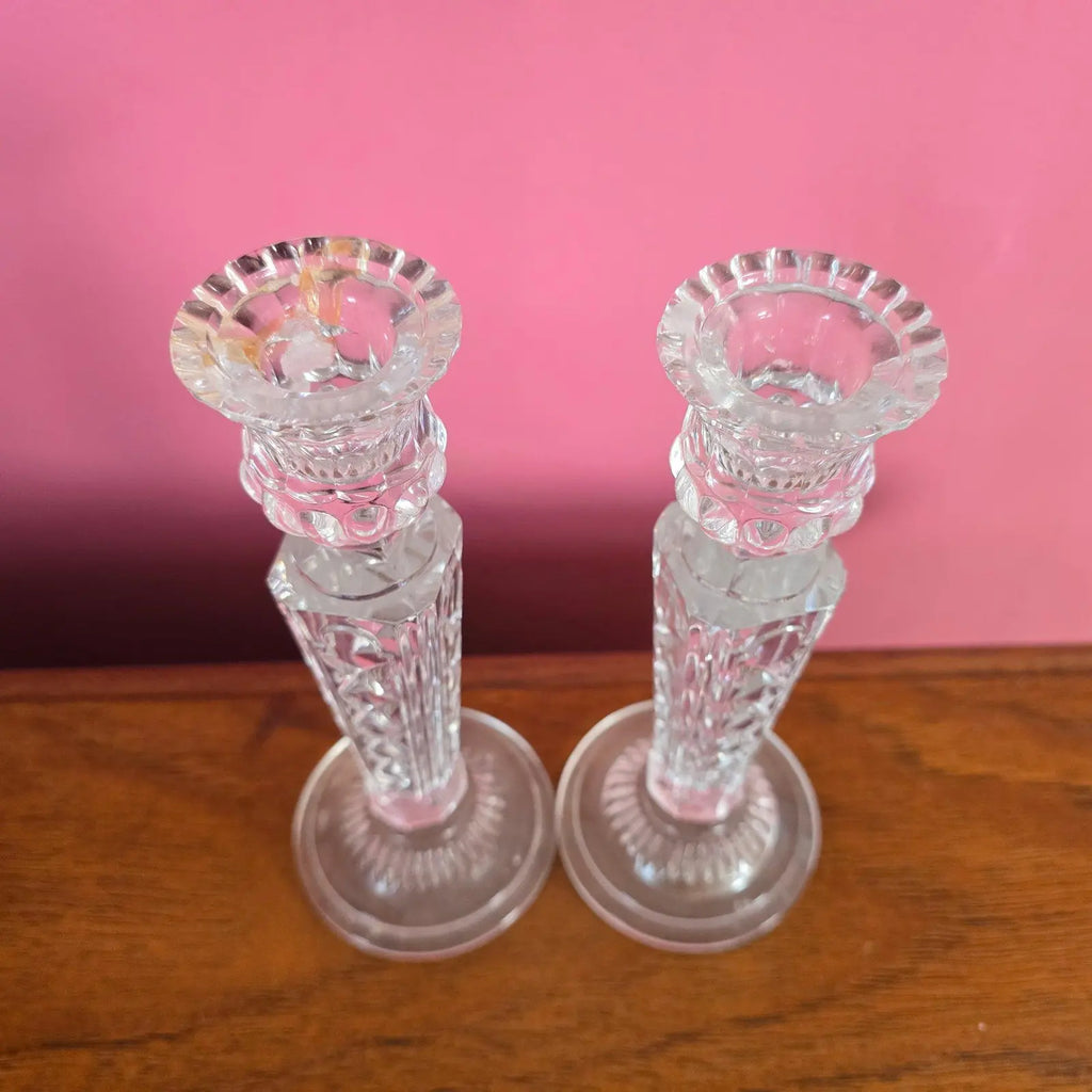 Pair of Vintage Irena Poland 8" Lead Crystal Candlesticks - Diamond & Wedge Cut