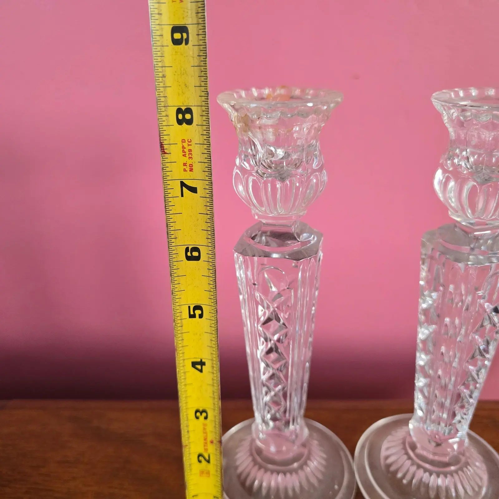 Pair of Vintage Irena Poland 8" Lead Crystal Candlesticks - Diamond & Wedge Cut