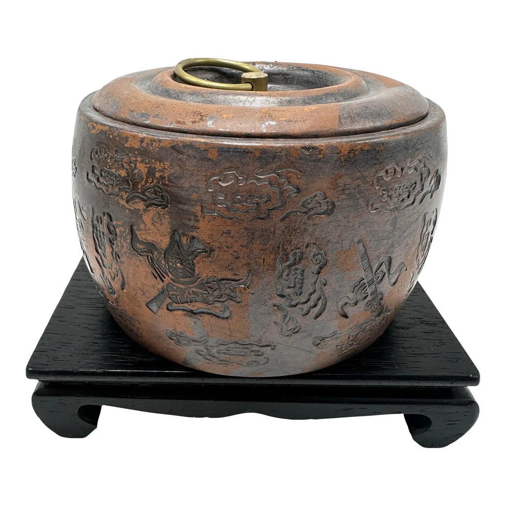 Vintage Yixing Zisha Clay Tea Caddy - Carved Immortals Motif
