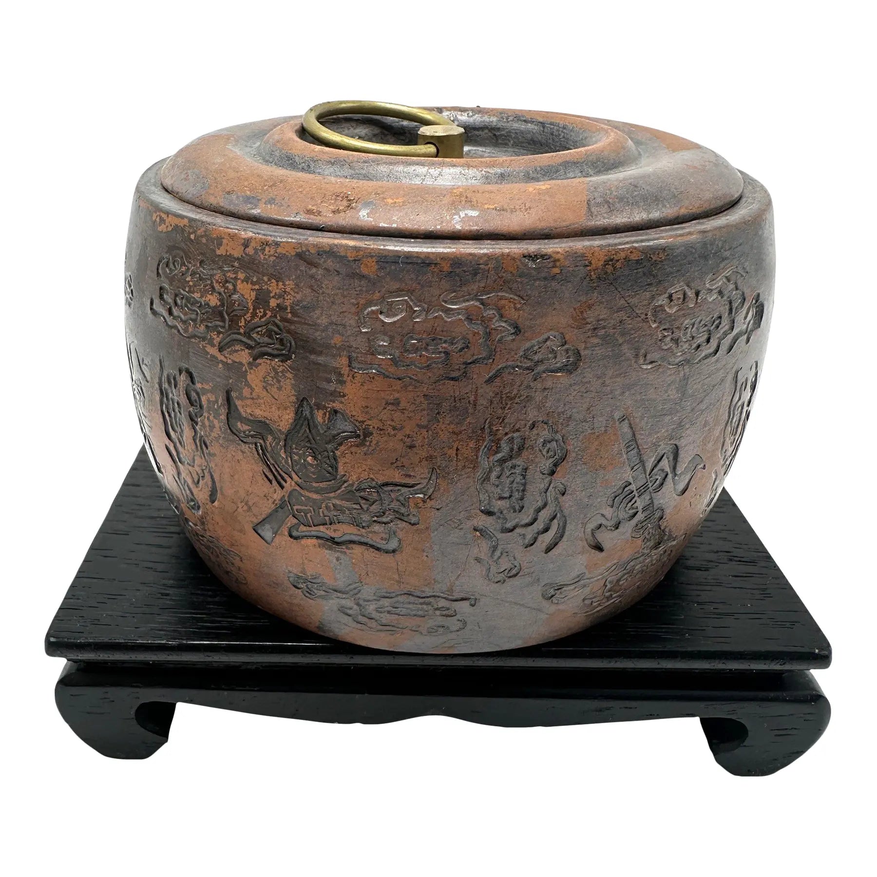 Vintage Yixing Zisha Clay Tea Caddy - Carved Immortals Motif