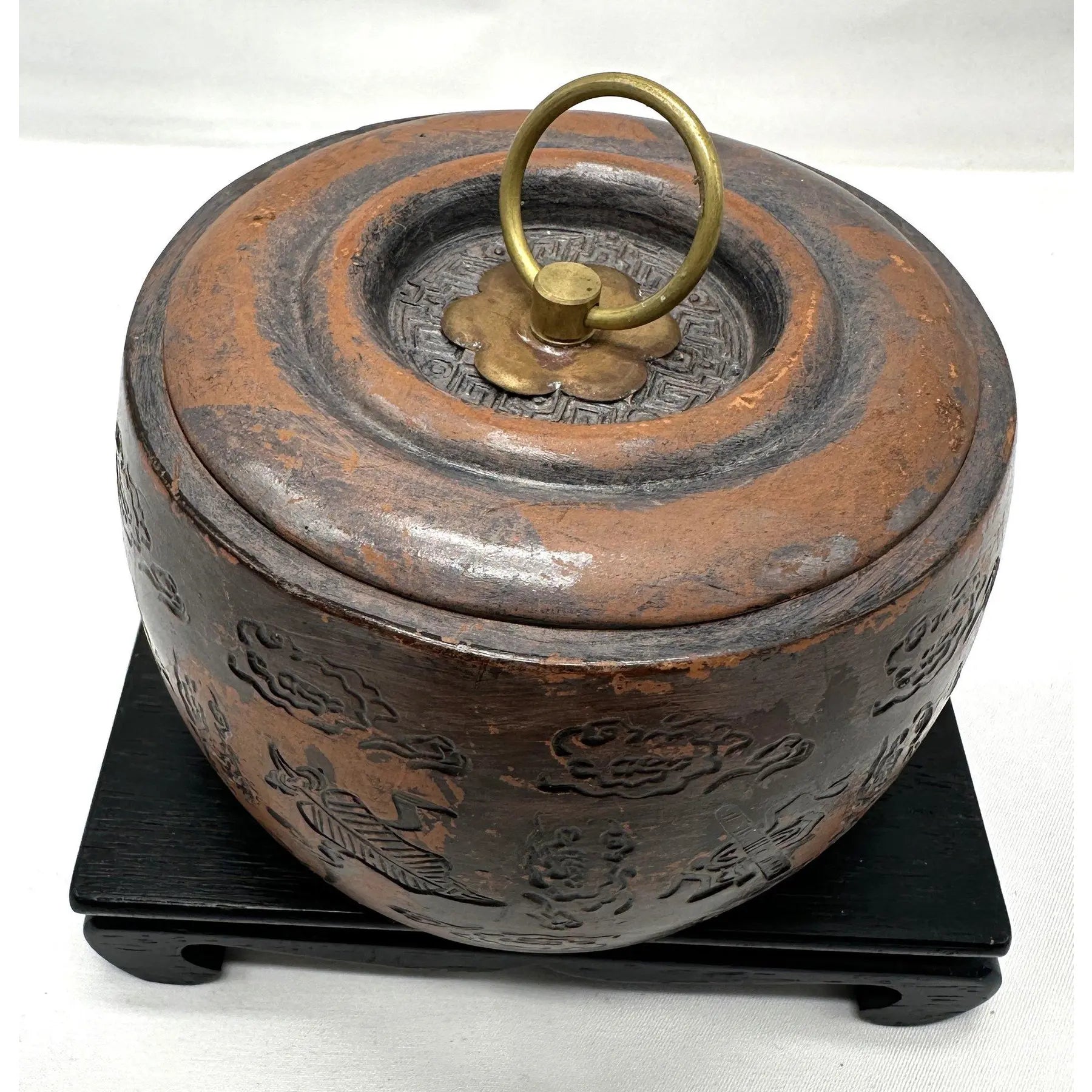 Vintage Yixing Zisha Clay Tea Caddy - Carved Immortals Motif