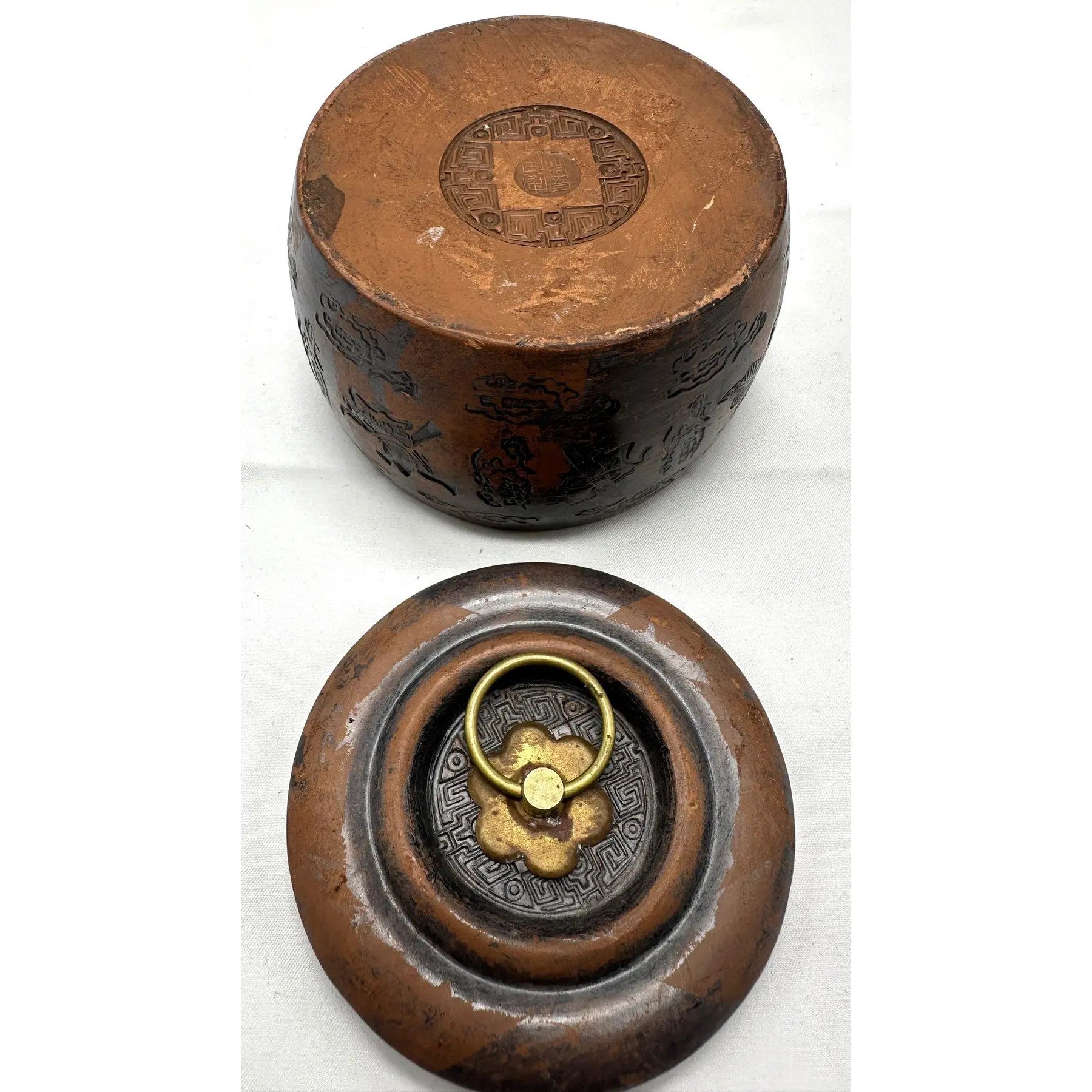 Vintage Yixing Zisha Clay Tea Caddy - Carved Immortals Motif