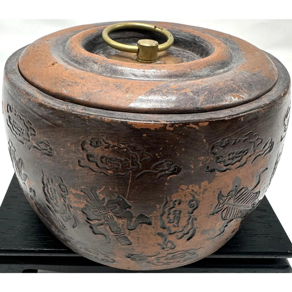 Vintage Yixing Zisha Clay Tea Caddy - Carved Immortals Motif