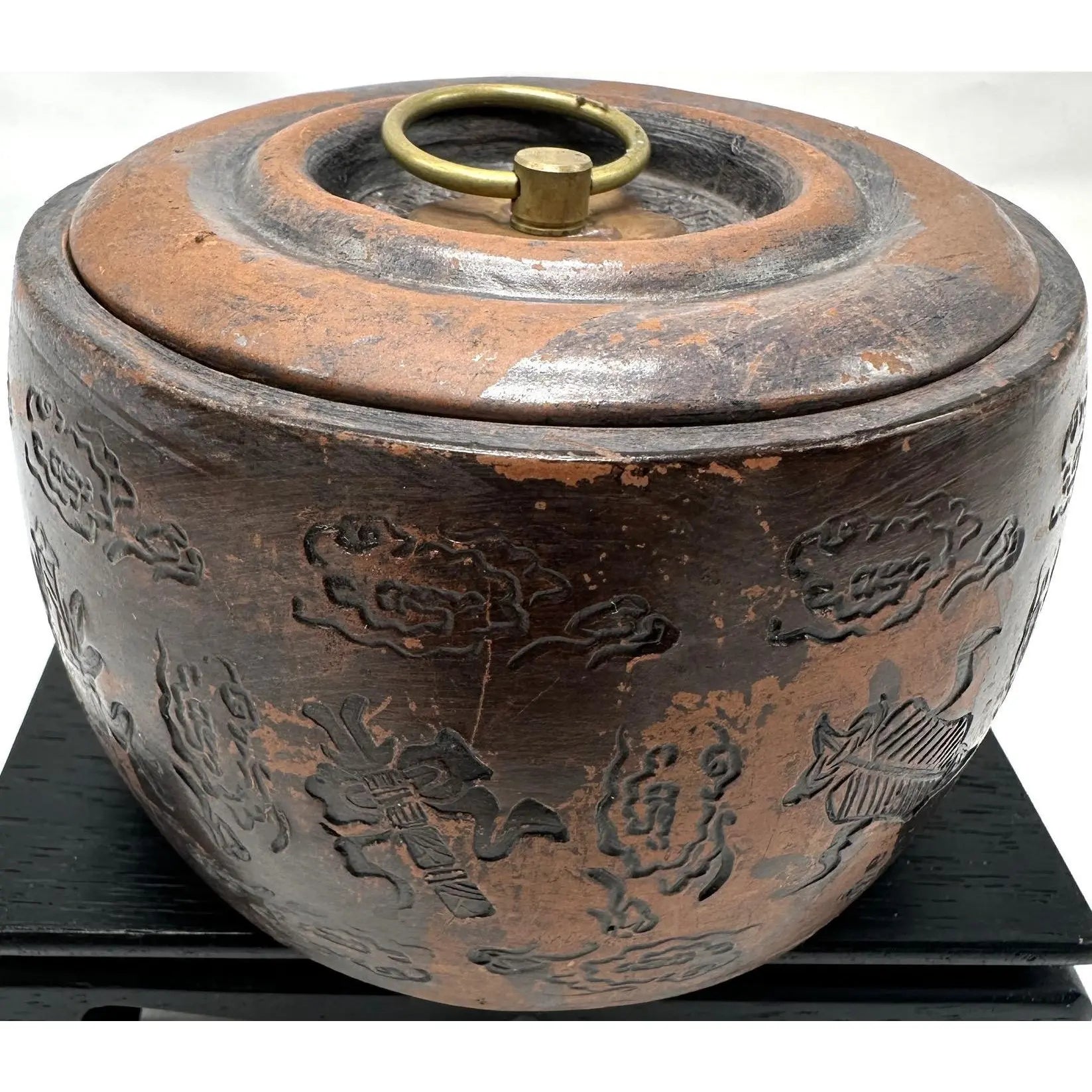 Vintage Yixing Zisha Clay Tea Caddy - Carved Immortals Motif