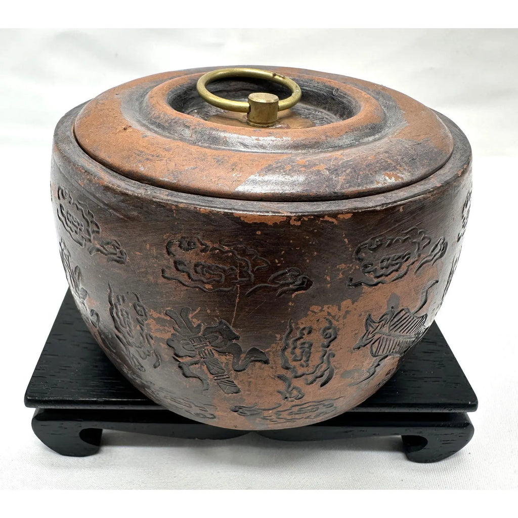 Vintage Yixing Zisha Clay Tea Caddy - Carved Immortals Motif