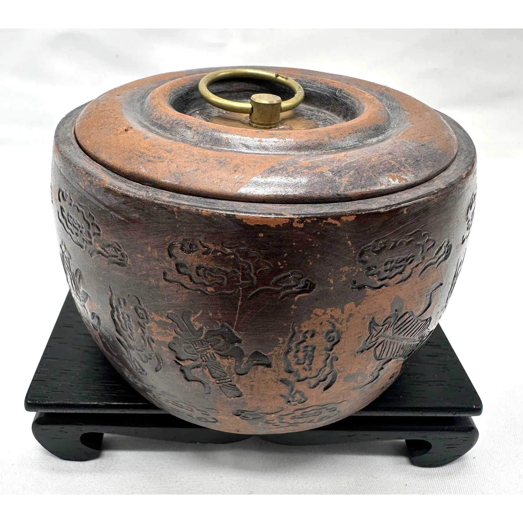 Vintage Yixing Zisha Clay Tea Caddy - Carved Immortals Motif