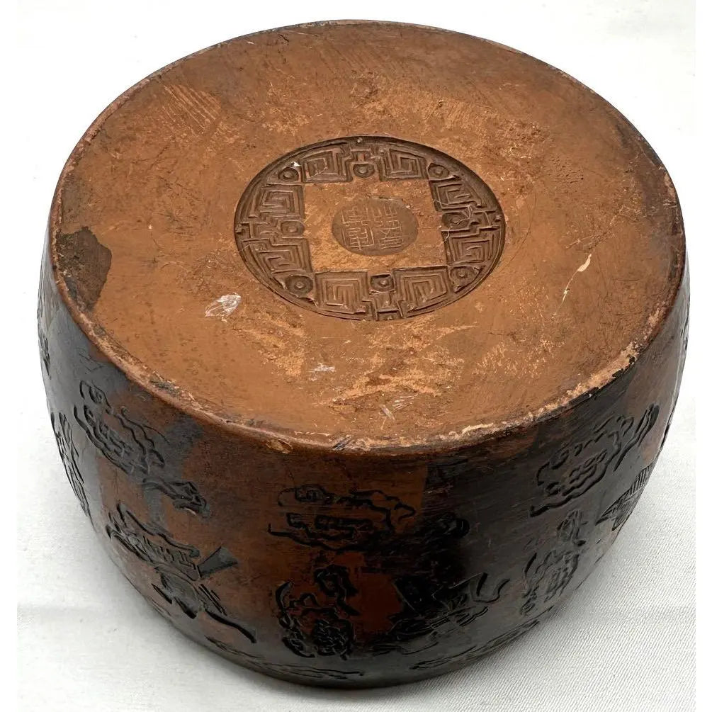 Vintage Yixing Zisha Clay Tea Caddy - Carved Immortals Motif