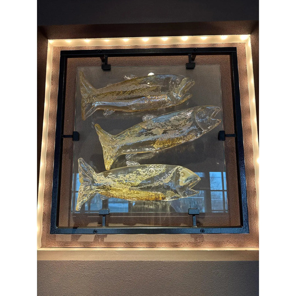 Large 30 Inch Murano Style Art Glass Fish Wall Sculpture In Architectural Steel Frame