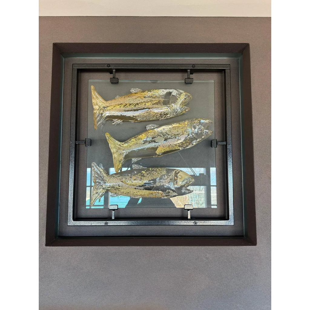 Large 30 Inch Murano Style Art Glass Fish Wall Sculpture In Architectural Steel Frame