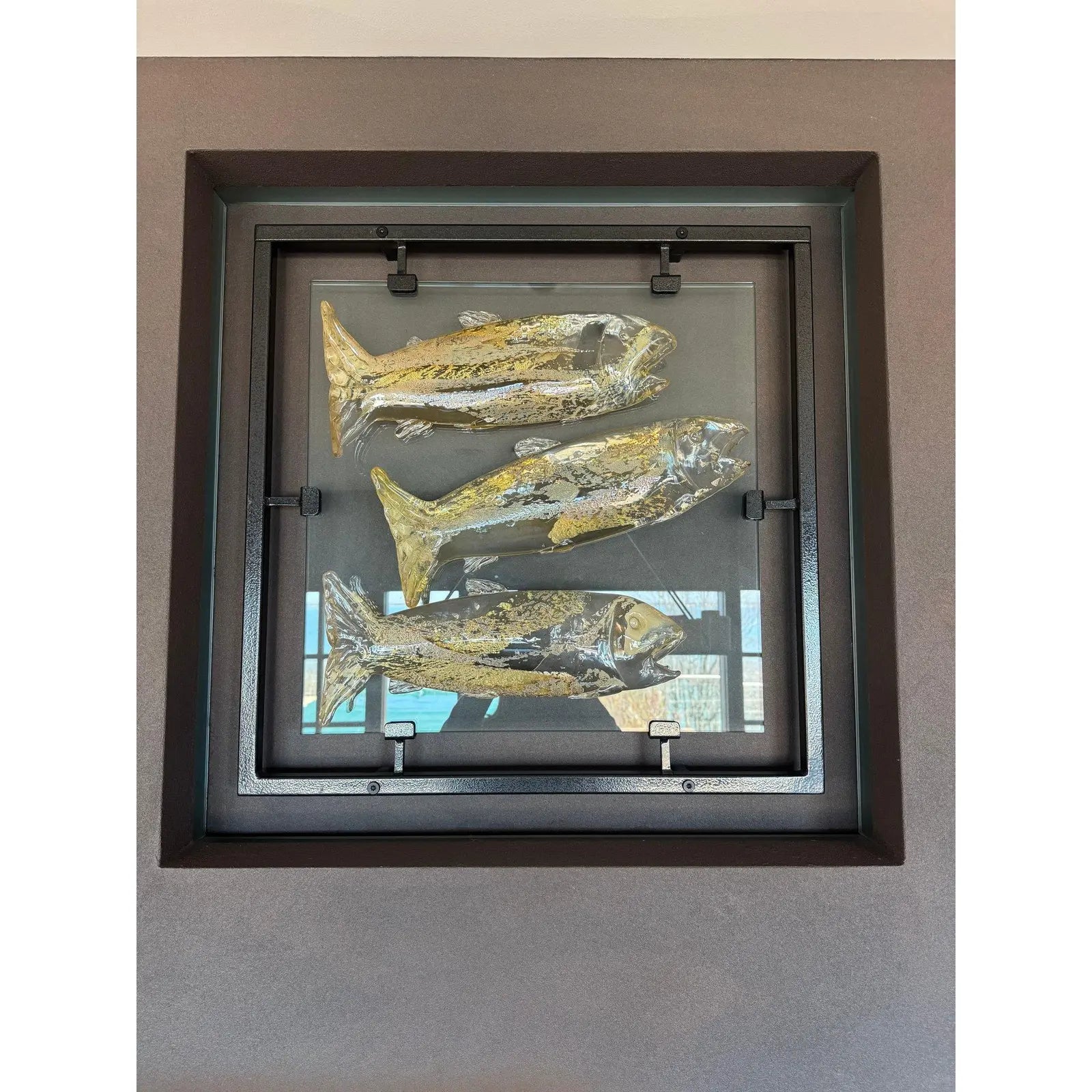 Large 30 Inch Murano Style Art Glass Fish Wall Sculpture In Architectural Steel Frame