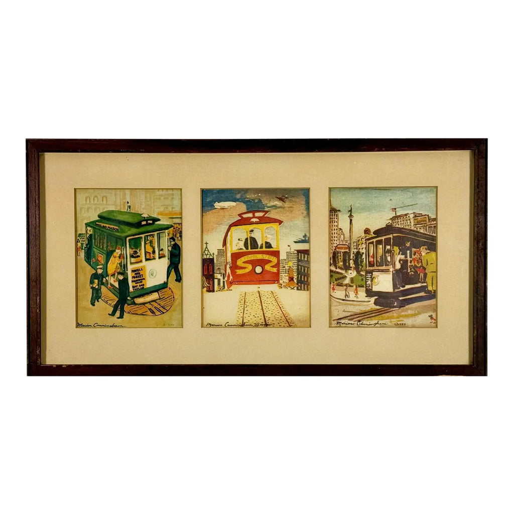 1944 Signed Marion Cunningham San Francisco Cable Car Serigraph Triptych, Mid-Century Modern SF Wall Art, Vintage WWII Era Silkscreen Set