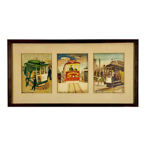 1944 Signed Marion Cunningham San Francisco Cable Car Serigraph Triptych, Mid-Century Modern SF Wall Art, Vintage WWII Era Silkscreen Set