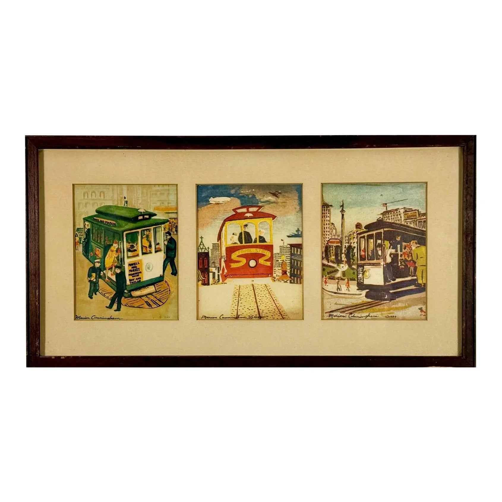 1944 Signed Marion Cunningham San Francisco Cable Car Serigraph Triptych, Mid-Century Modern SF Wall Art, Vintage WWII Era Silkscreen Set