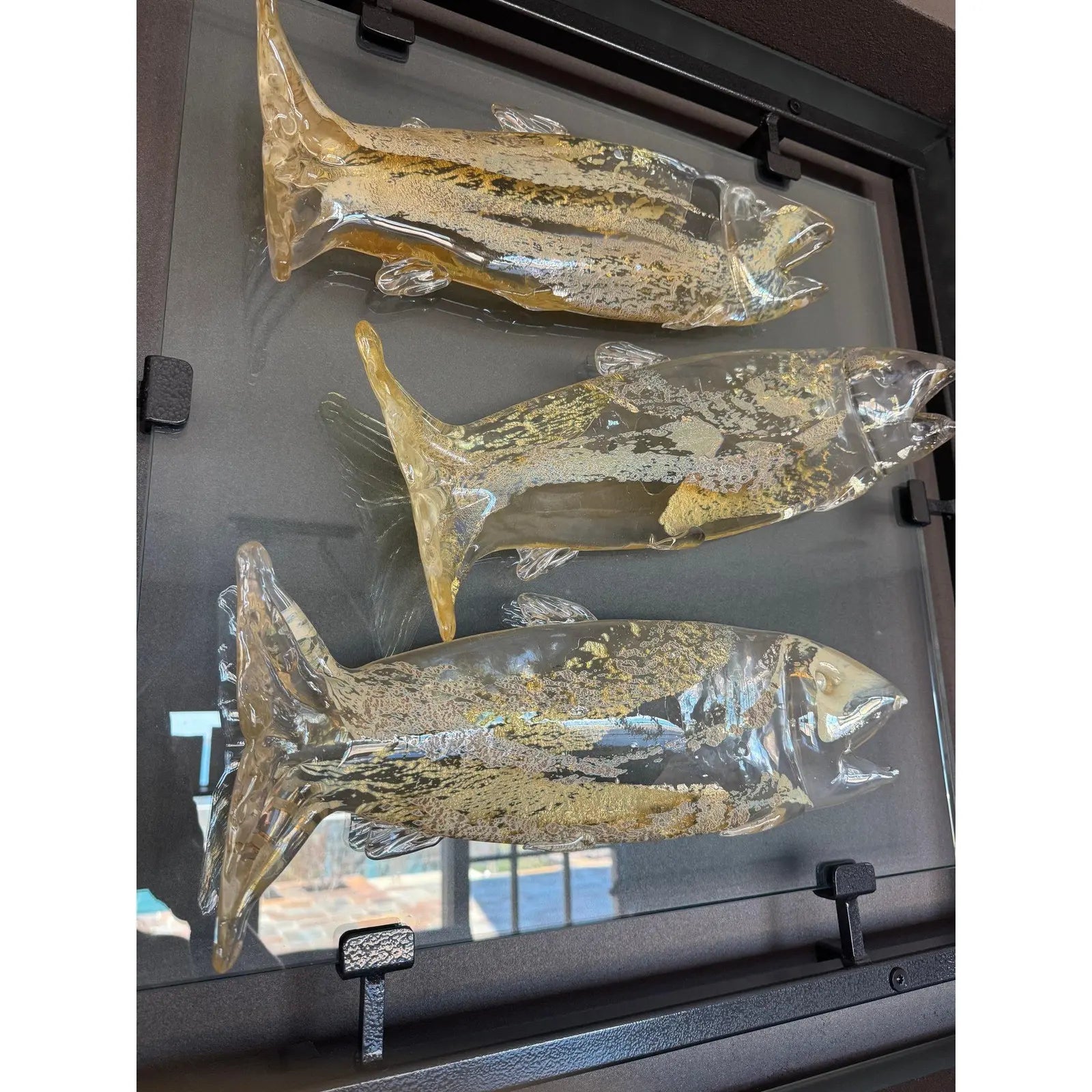 Large 30 Inch Murano Style Art Glass Fish Wall Sculpture In Architectural Steel Frame
