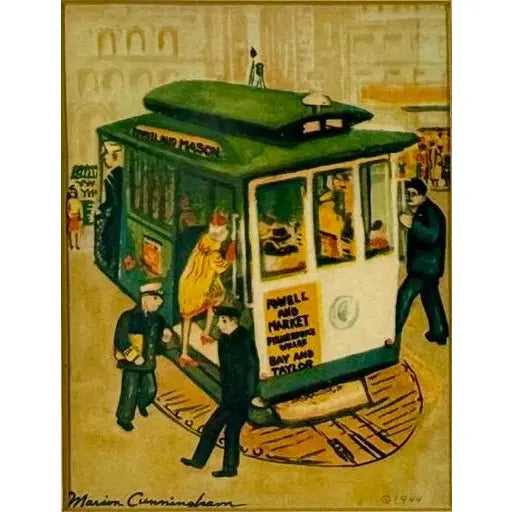 1944 Signed Marion Cunningham San Francisco Cable Car Serigraph Triptych, Mid-Century Modern SF Wall Art, Vintage WWII Era Silkscreen Set