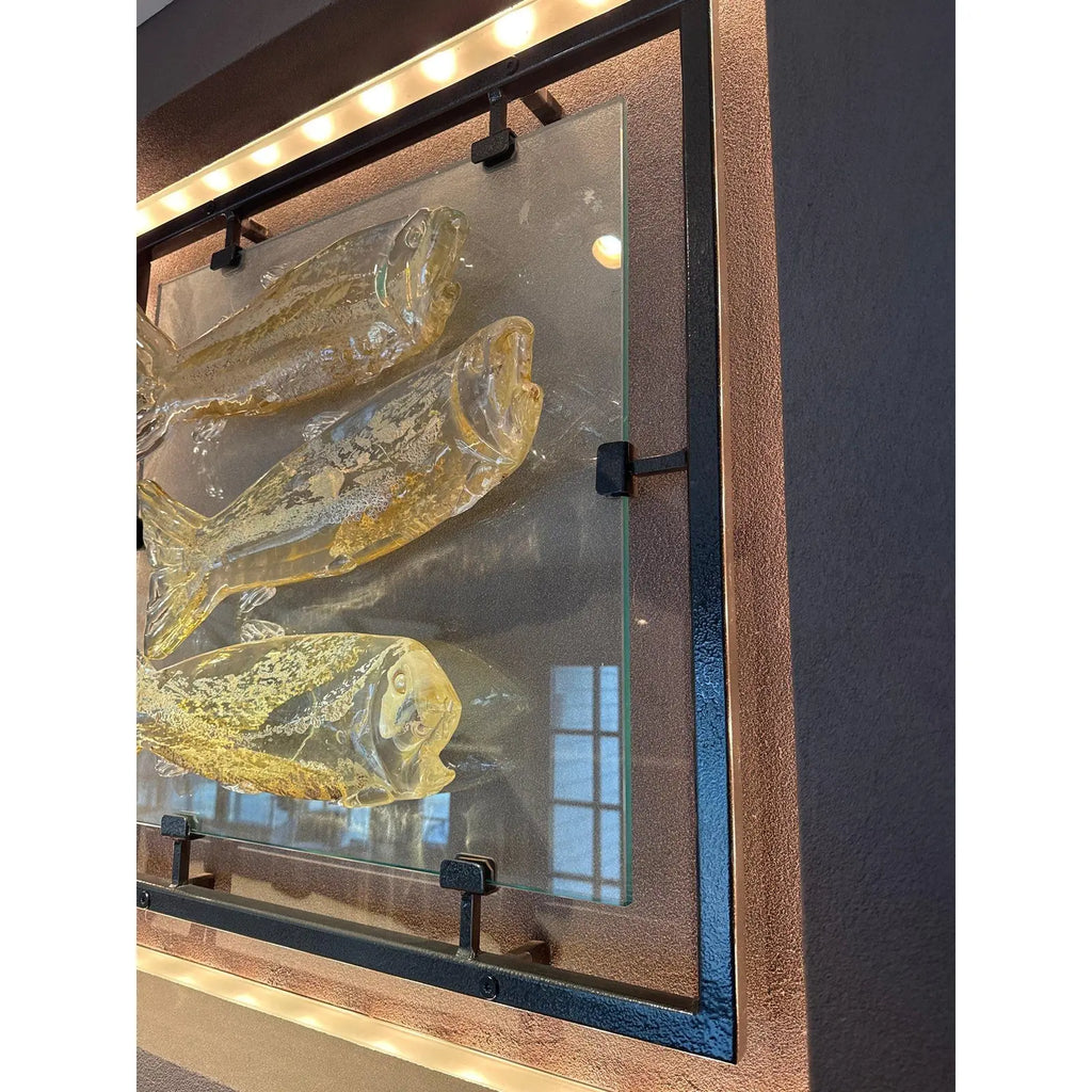Large 30 Inch Murano Style Art Glass Fish Wall Sculpture In Architectural Steel Frame