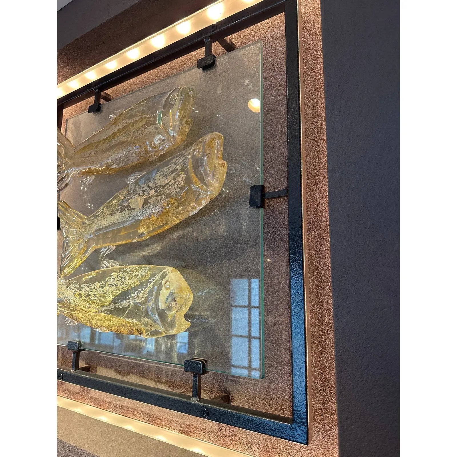 Large 30 Inch Murano Style Art Glass Fish Wall Sculpture In Architectural Steel Frame