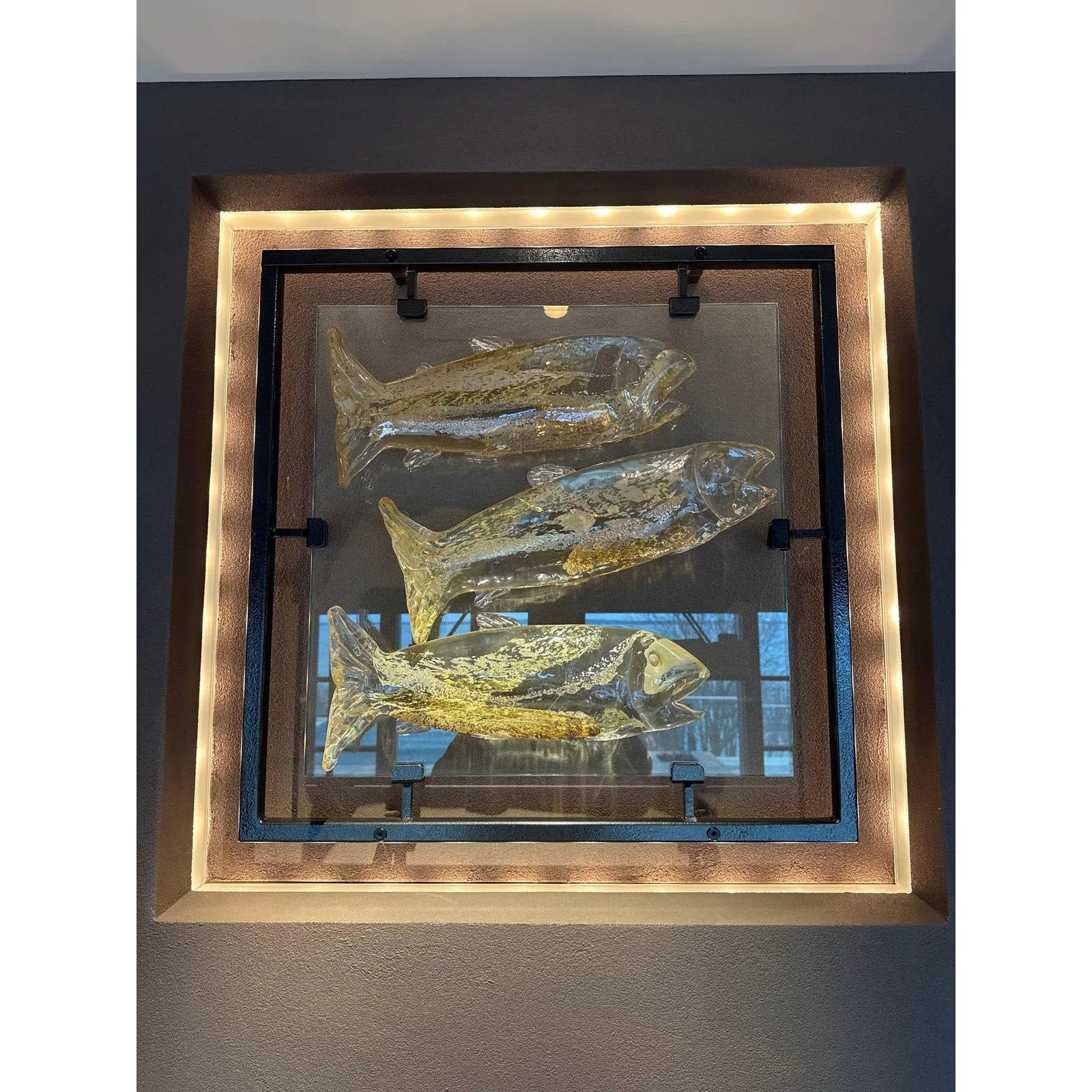 Large 30 Inch Murano Style Art Glass Fish Wall Sculpture In Architectural Steel Frame
