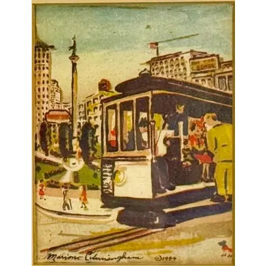 1944 Signed Marion Cunningham San Francisco Cable Car Serigraph Triptych, Mid-Century Modern SF Wall Art, Vintage WWII Era Silkscreen Set