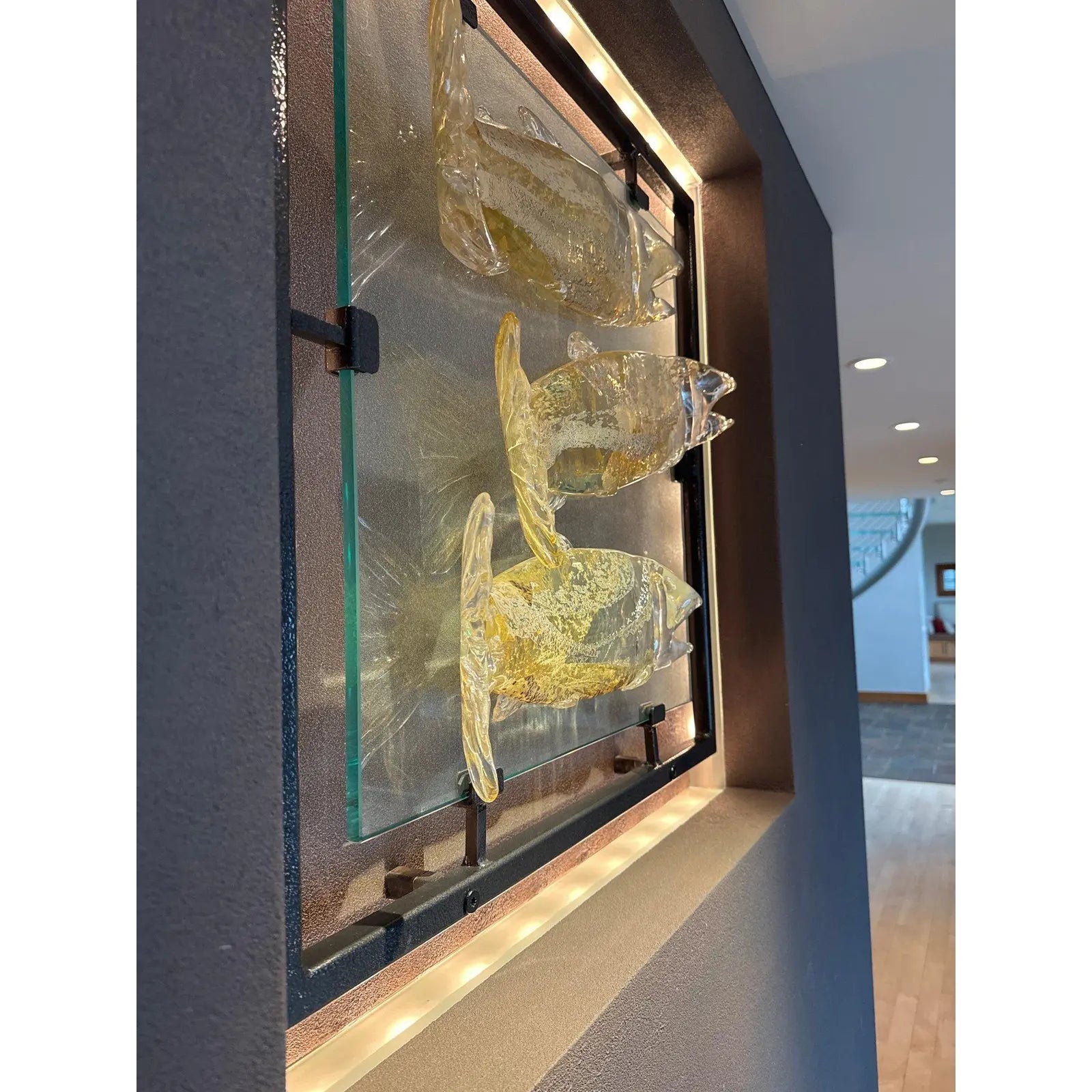 Large 30 Inch Murano Style Art Glass Fish Wall Sculpture In Architectural Steel Frame