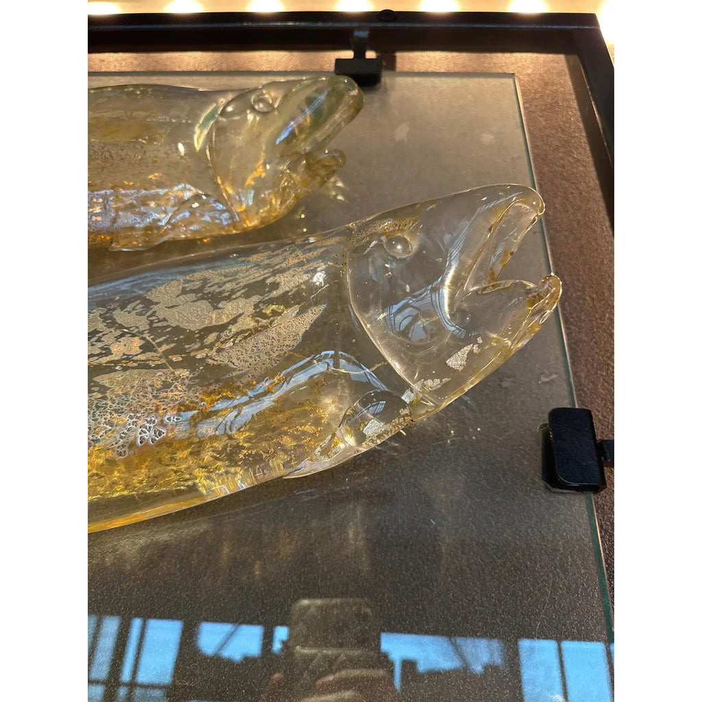 Large 30 Inch Murano Style Art Glass Fish Wall Sculpture In Architectural Steel Frame