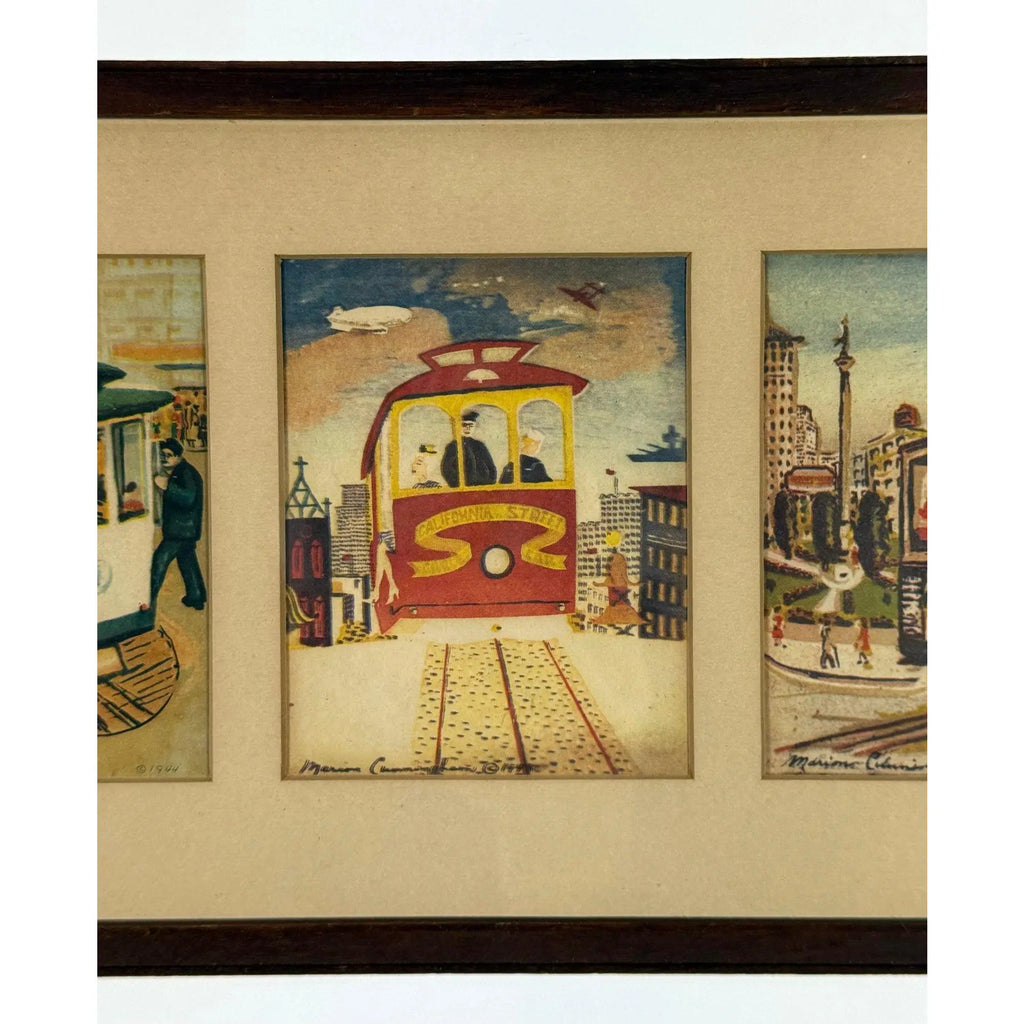 1944 Signed Marion Cunningham San Francisco Cable Car Serigraph Triptych, Mid-Century Modern SF Wall Art, Vintage WWII Era Silkscreen Set