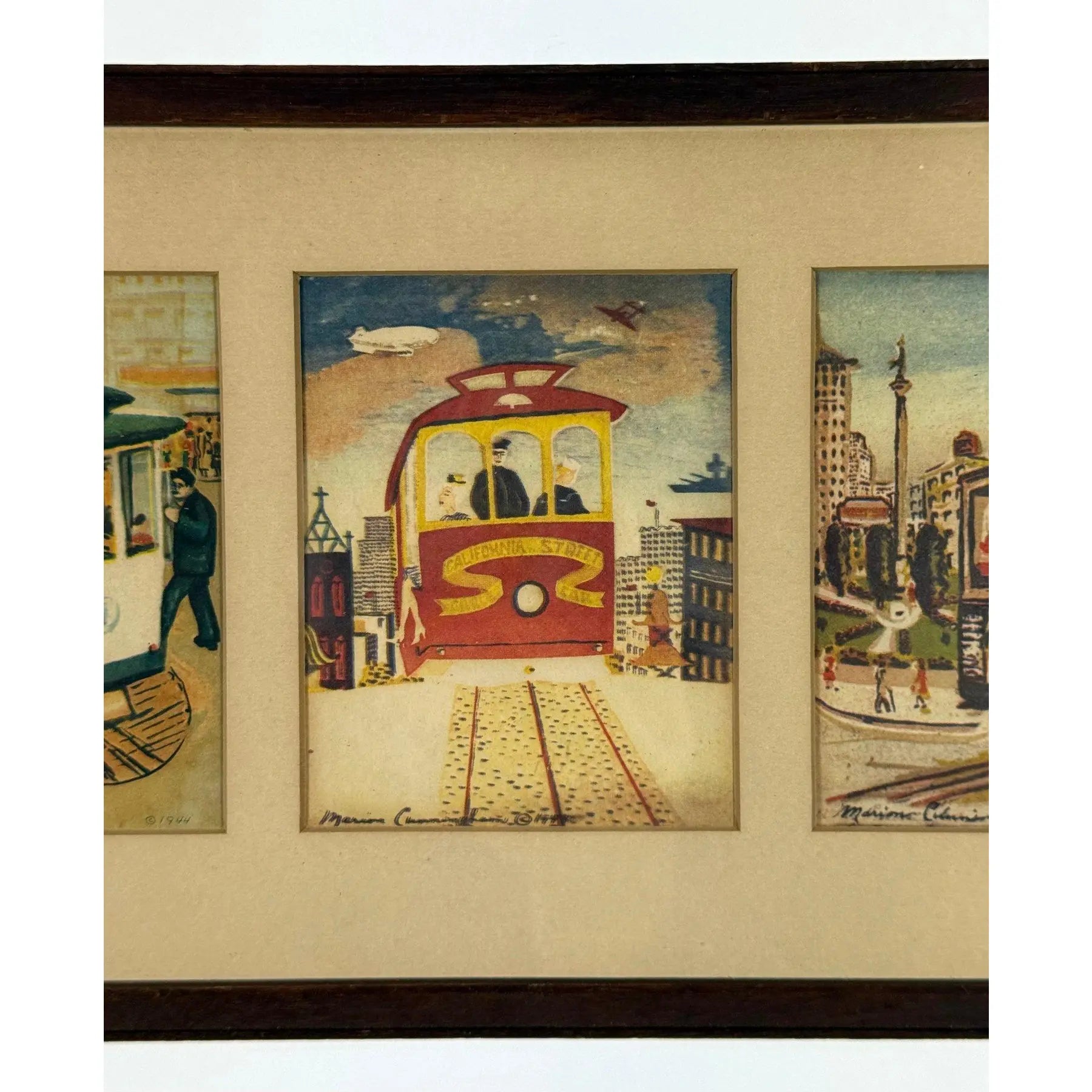 1944 Signed Marion Cunningham San Francisco Cable Car Serigraph Triptych, Mid-Century Modern SF Wall Art, Vintage WWII Era Silkscreen Set