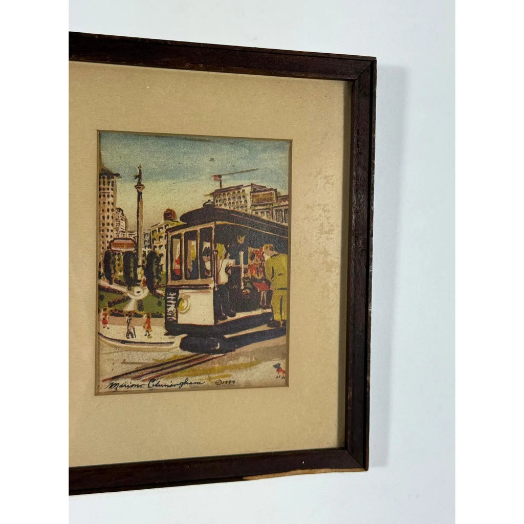 1944 Signed Marion Cunningham San Francisco Cable Car Serigraph Triptych, Mid-Century Modern SF Wall Art, Vintage WWII Era Silkscreen Set