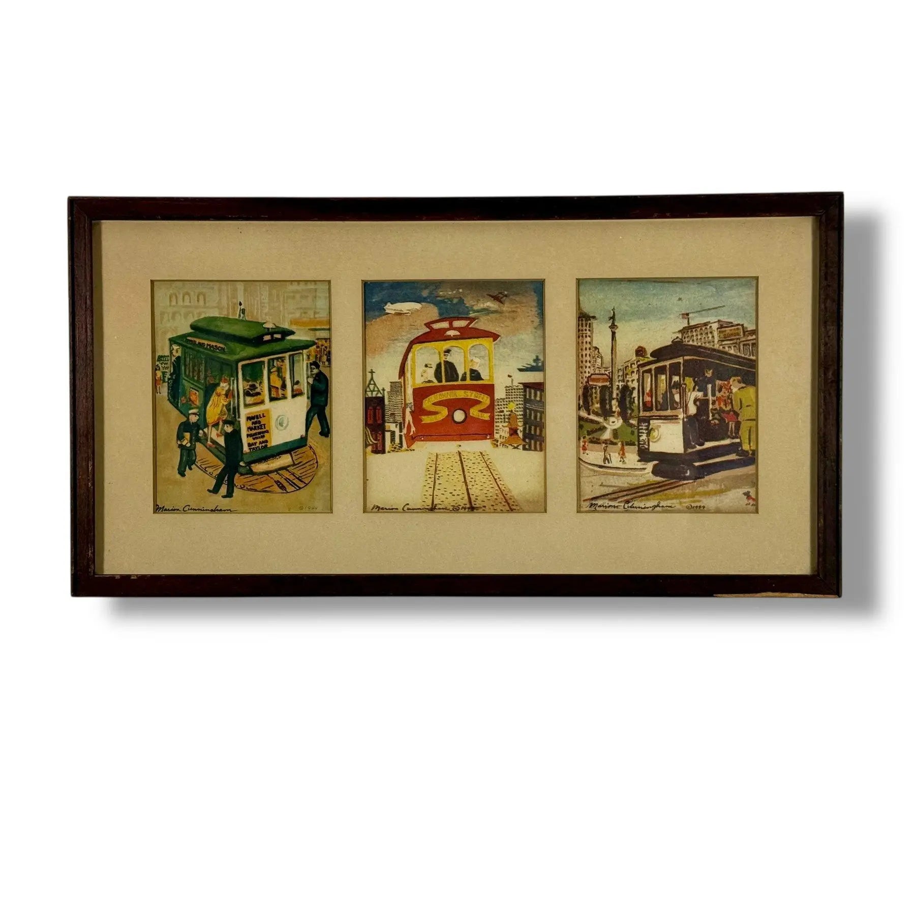 1944 Signed Marion Cunningham San Francisco Cable Car Serigraph Triptych, Mid-Century Modern SF Wall Art, Vintage WWII Era Silkscreen Set