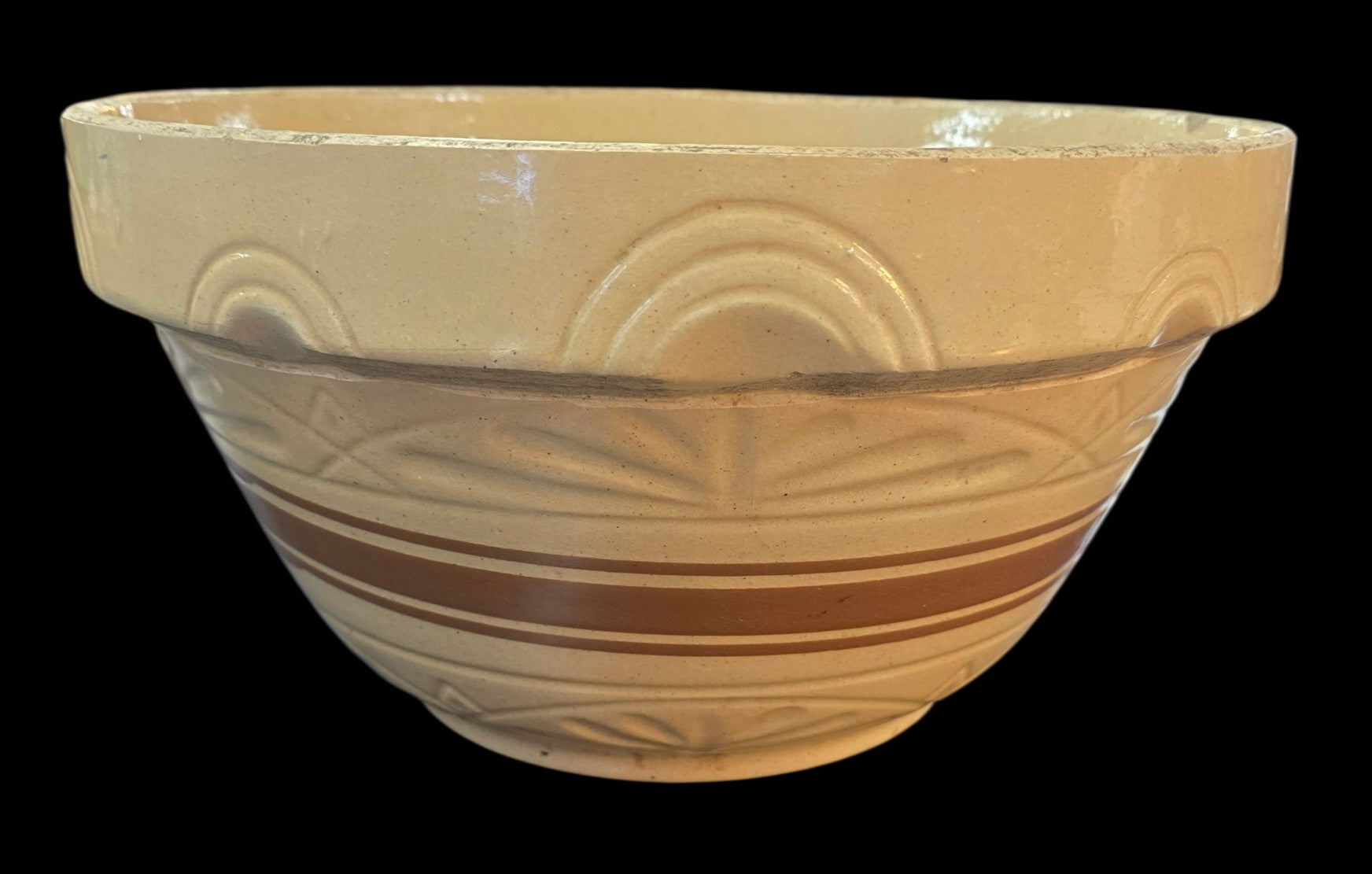 Large 14 Inch Antique American Yellow Ware Master Mixing Bowl With Brown Bands
