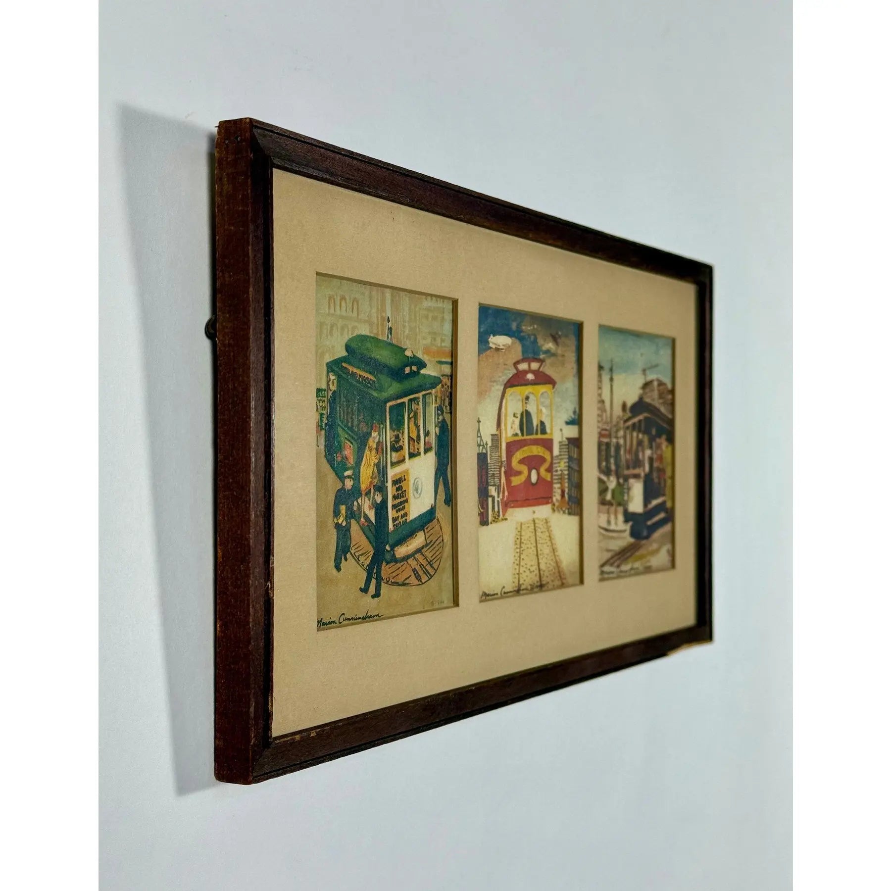 1944 Signed Marion Cunningham San Francisco Cable Car Serigraph Triptych, Mid-Century Modern SF Wall Art, Vintage WWII Era Silkscreen Set