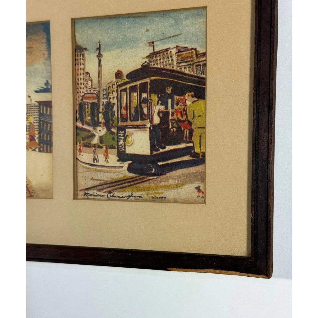 1944 Signed Marion Cunningham San Francisco Cable Car Serigraph Triptych, Mid-Century Modern SF Wall Art, Vintage WWII Era Silkscreen Set