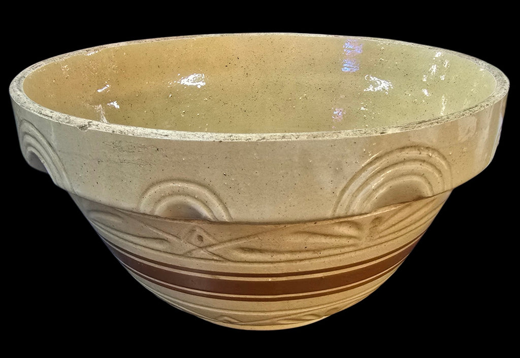 Large 14 Inch Antique American Yellow Ware Master Mixing Bowl With Brown Bands