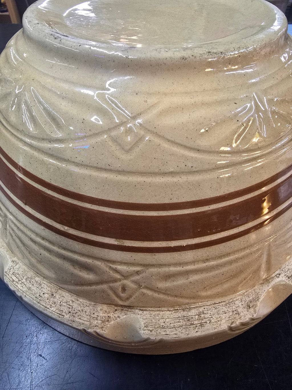 Large 14 Inch Antique American Yellow Ware Master Mixing Bowl With Brown Bands