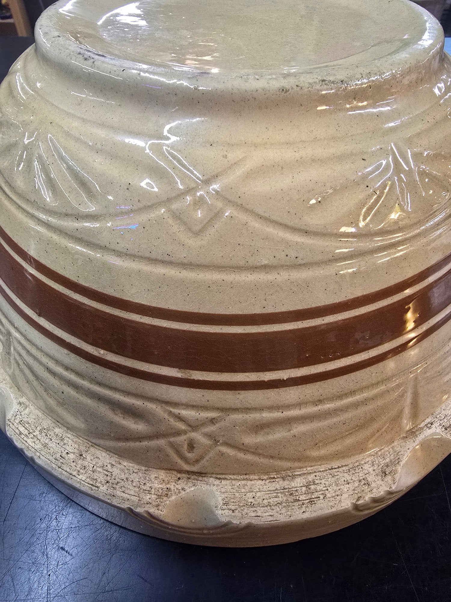 Large 14 Inch Antique American Yellow Ware Master Mixing Bowl With Brown Bands