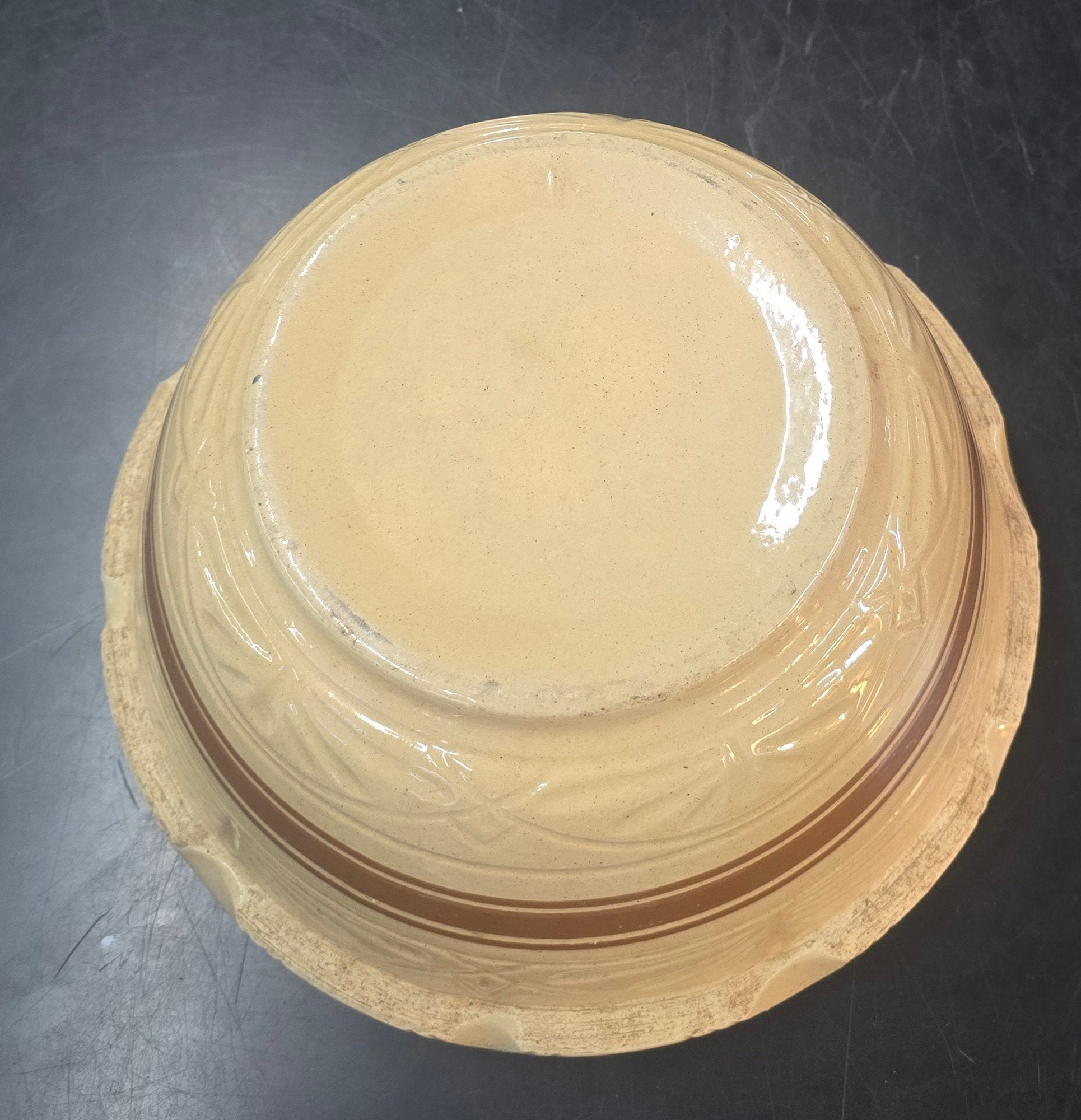 Large 14 Inch Antique American Yellow Ware Master Mixing Bowl With Brown Bands