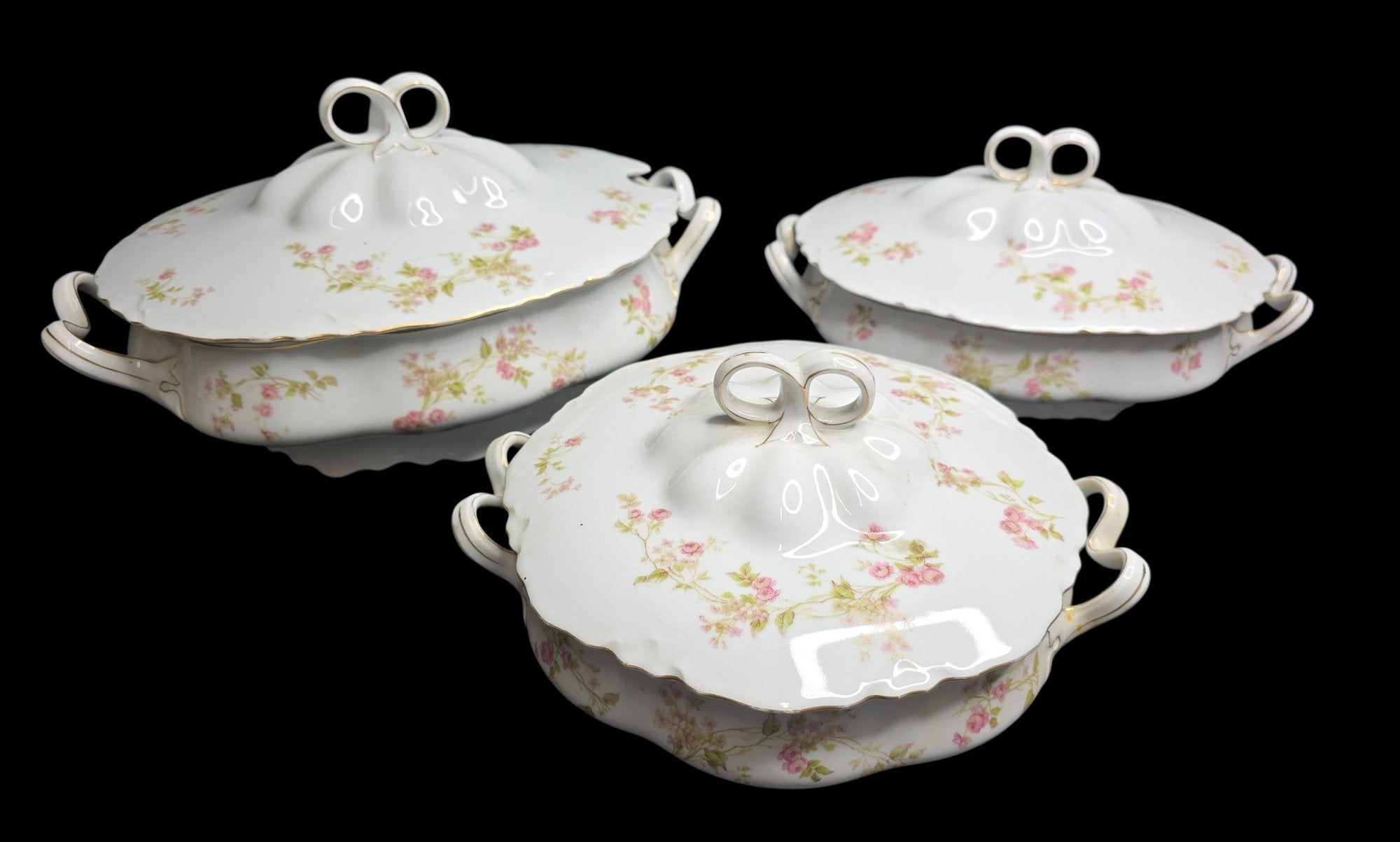 Set Of 3 Antique Heinrich and Co. Selb, Bavaria Ranson Porcelain Covered Tureens