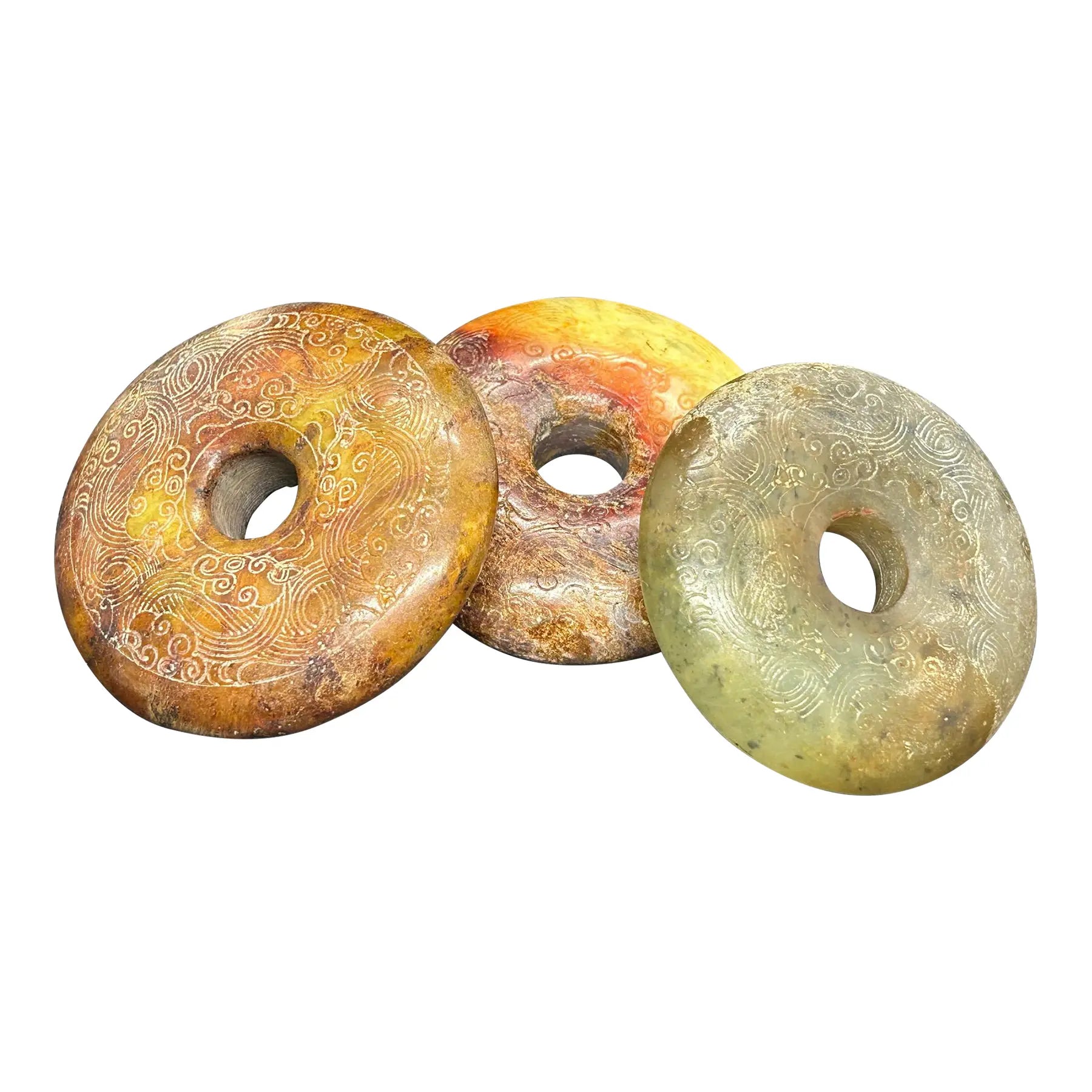 Vintage Chinese Hongshan Style Carved Jade Bi Discs Set of Three