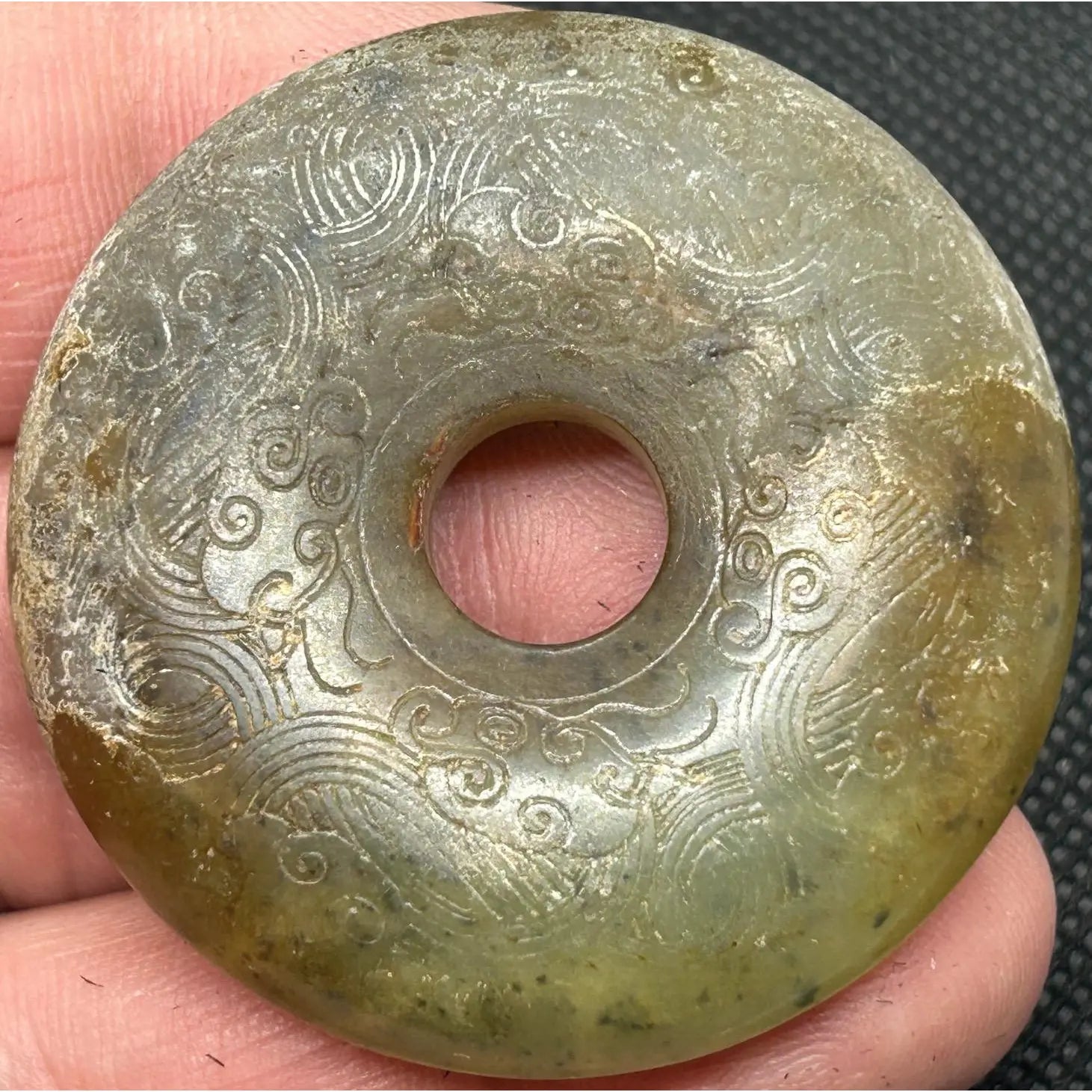 Vintage Chinese Hongshan Style Carved Jade Bi Discs Set of Three