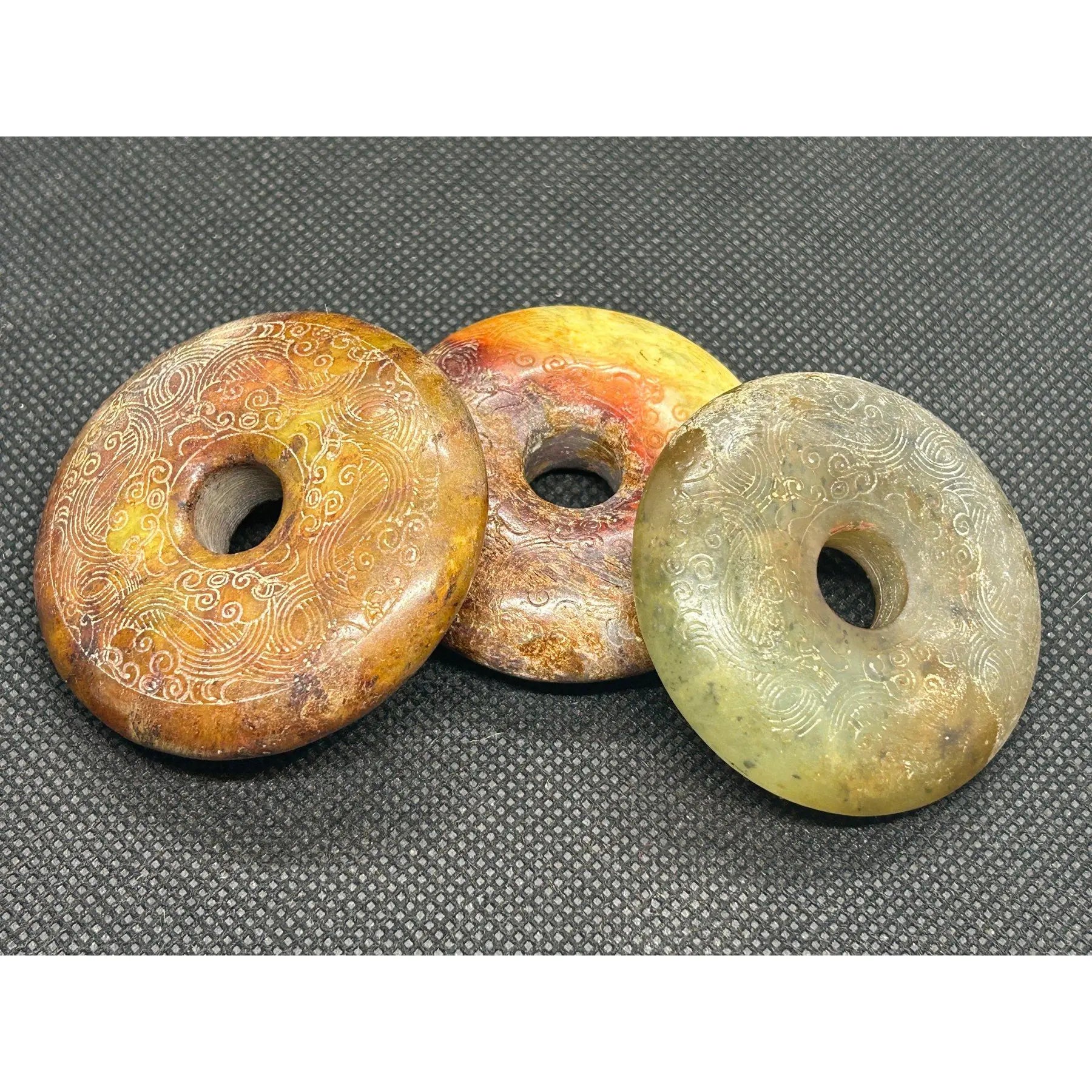 Vintage Chinese Hongshan Style Carved Jade Bi Discs Set of Three