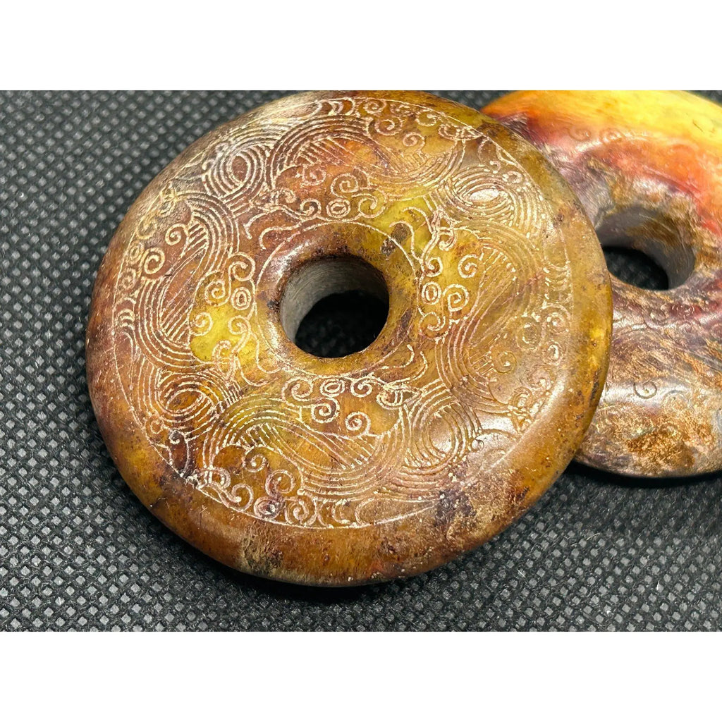 Vintage Chinese Hongshan Style Carved Jade Bi Discs Set of Three