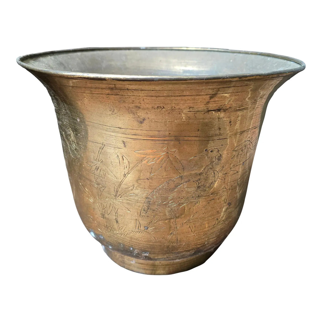 Vintage Etched Brass Crane & Bamboo Chinoiserie Planter