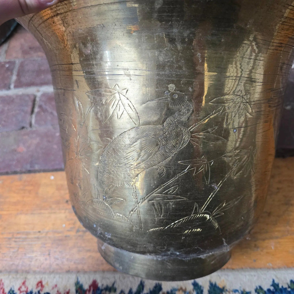 Vintage Etched Brass Crane & Bamboo Chinoiserie Planter