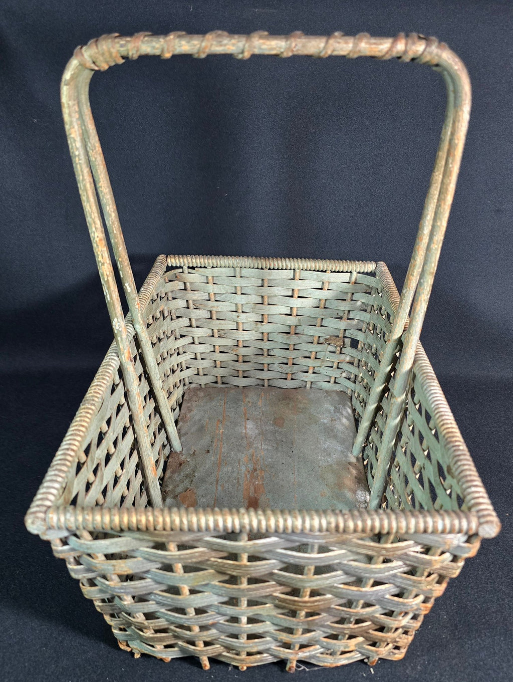 Antique American Primitive Painted Splint Gathering Basket With Solid Wood Bottom And Verdigris Patina