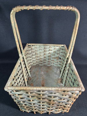 Antique American Primitive Painted Splint Gathering Basket With Solid Wood Bottom And Verdigris Patina