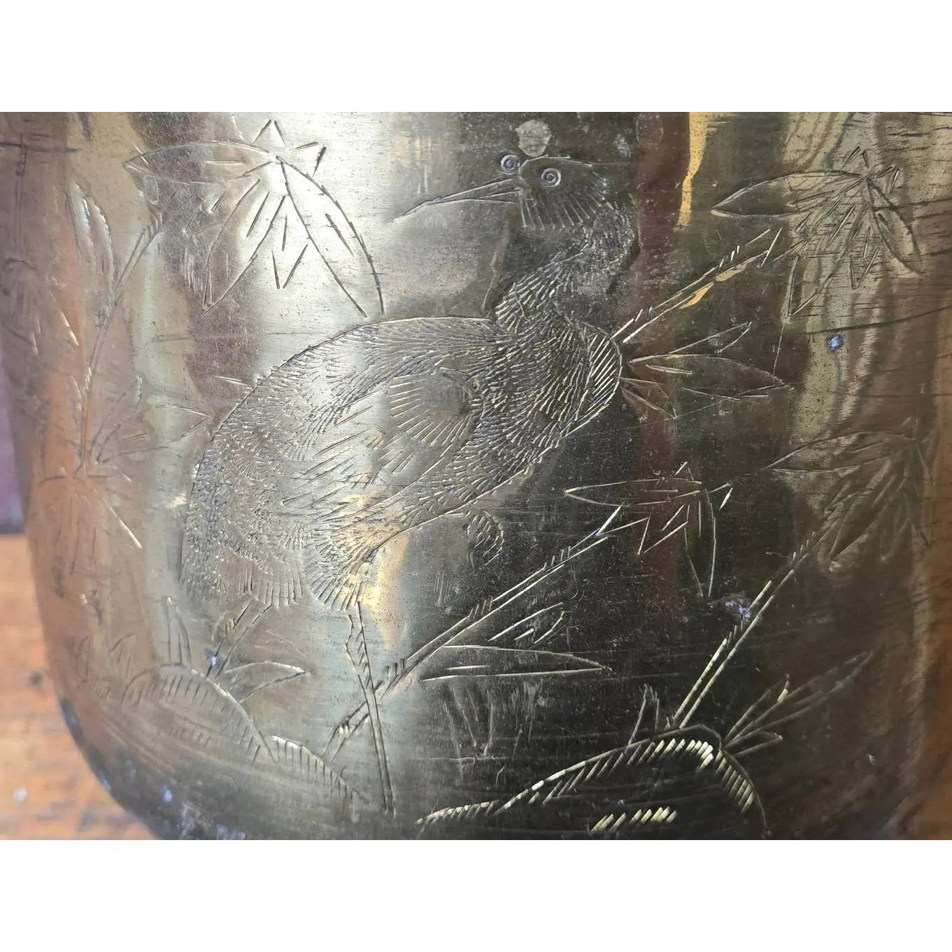 Vintage Etched Brass Crane & Bamboo Chinoiserie Planter
