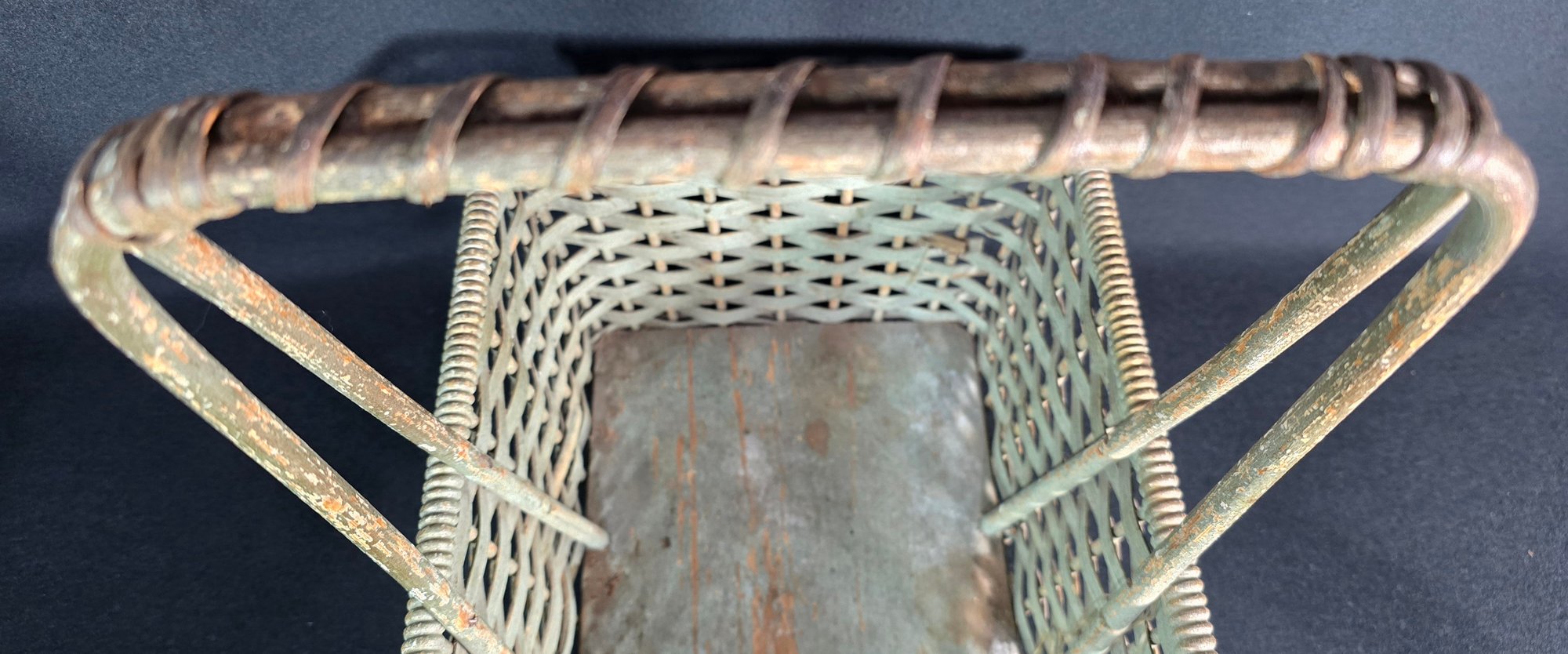 Antique American Primitive Painted Splint Gathering Basket With Solid Wood Bottom And Verdigris Patina