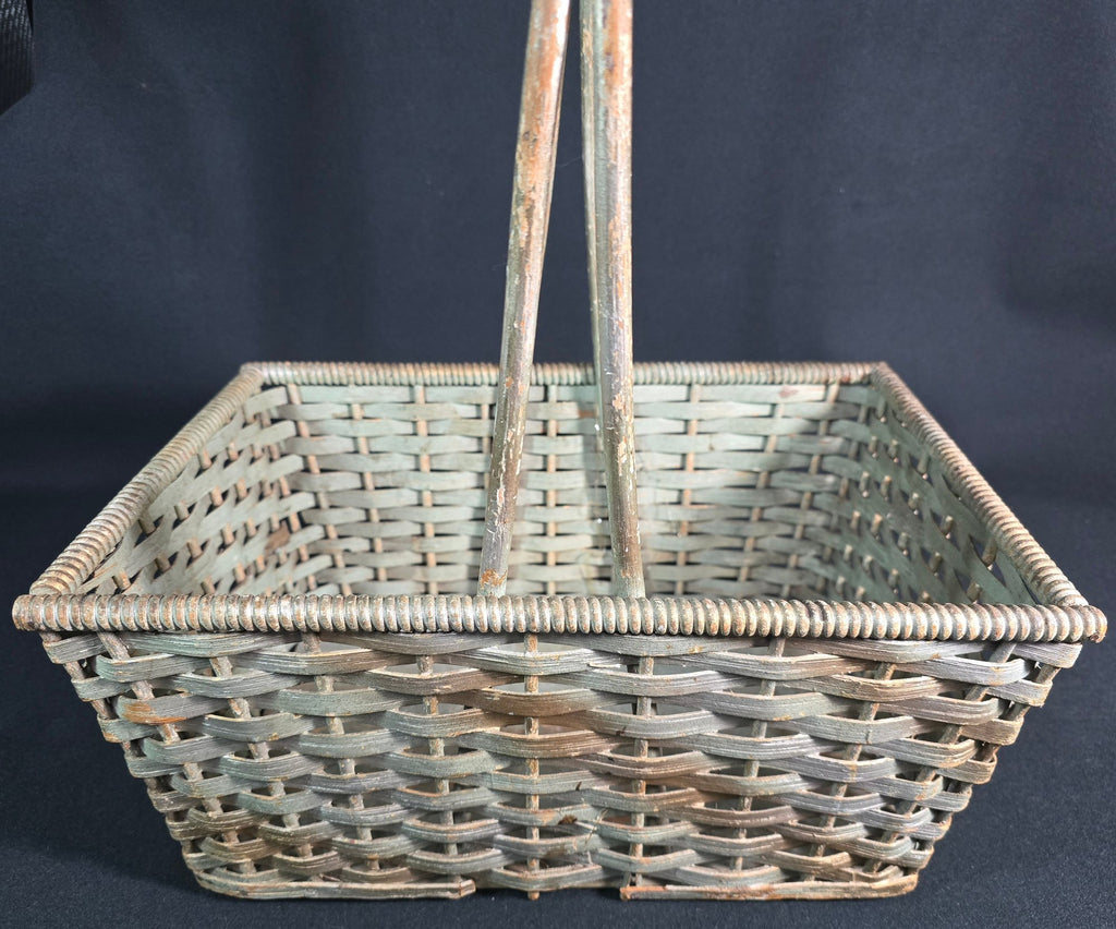 Antique American Primitive Painted Splint Gathering Basket With Solid Wood Bottom And Verdigris Patina