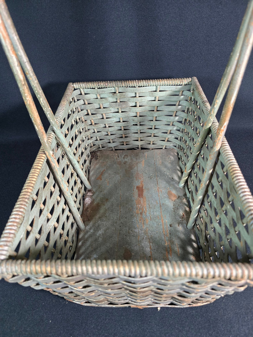 Antique American Primitive Painted Splint Gathering Basket With Solid Wood Bottom And Verdigris Patina