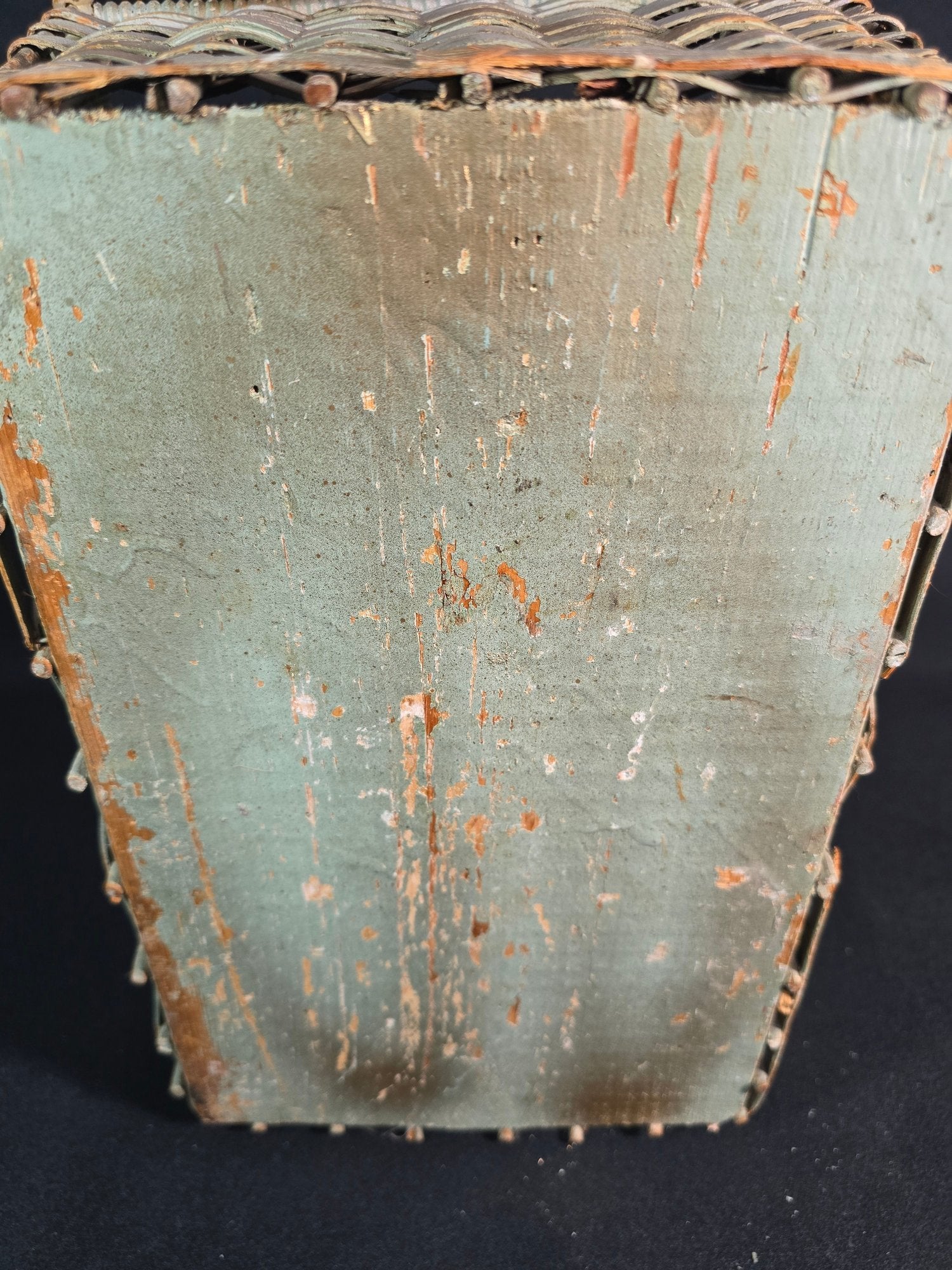Antique American Primitive Painted Splint Gathering Basket With Solid Wood Bottom And Verdigris Patina